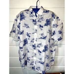 Club Room Mens XL Linen Blend White Blue Tropical Palm Tree Sailboat Shirt